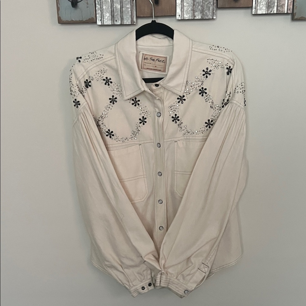 We The Free Cream Blouse with Black Floral Embroidery